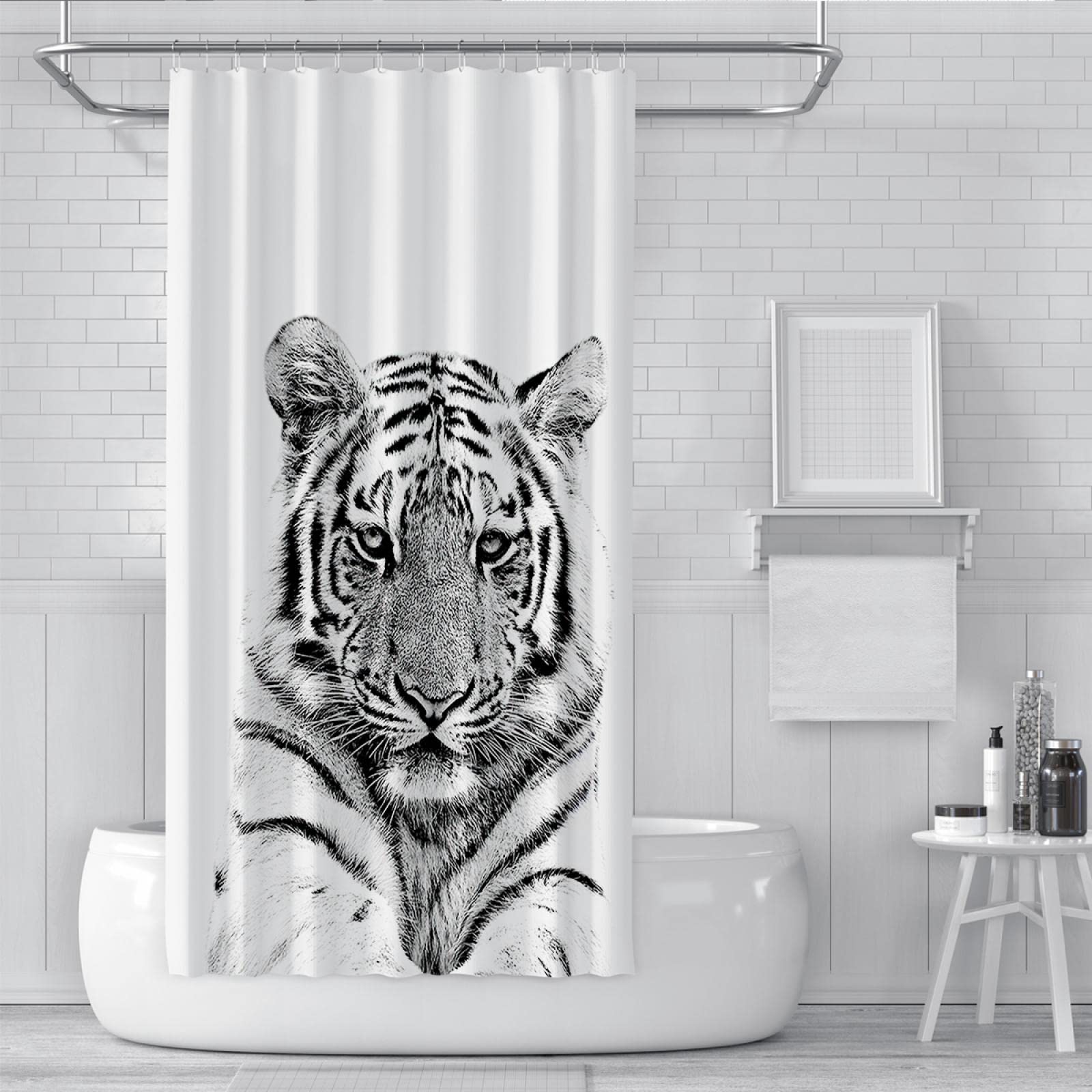 Cortina de Ducha de baño Blanca Lindo Juego de Cortina de Ducha de Cabeza de Tigre con 12 Ganchos Cortina de Ducha de habitación húmeda Cortinas de bañera limpias Impermeables W200xL240cm