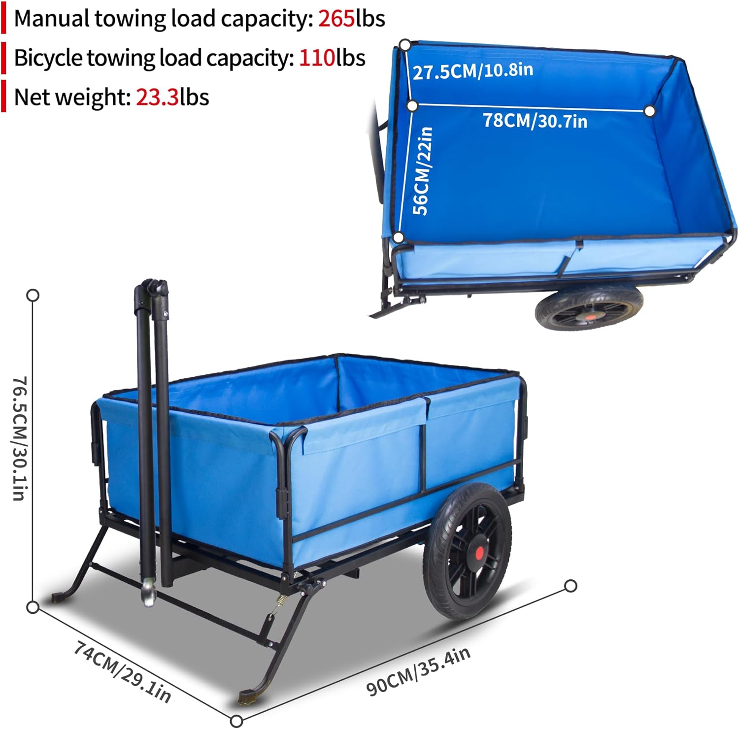 TMZ Bike Trailer, Bicycle Cargo Trailer with 110lbs Load Capacity, 11.4 Inch Airless Tire, Universal Coupler, Angle-Adjustable Pull Rod and Elastic Net Cover