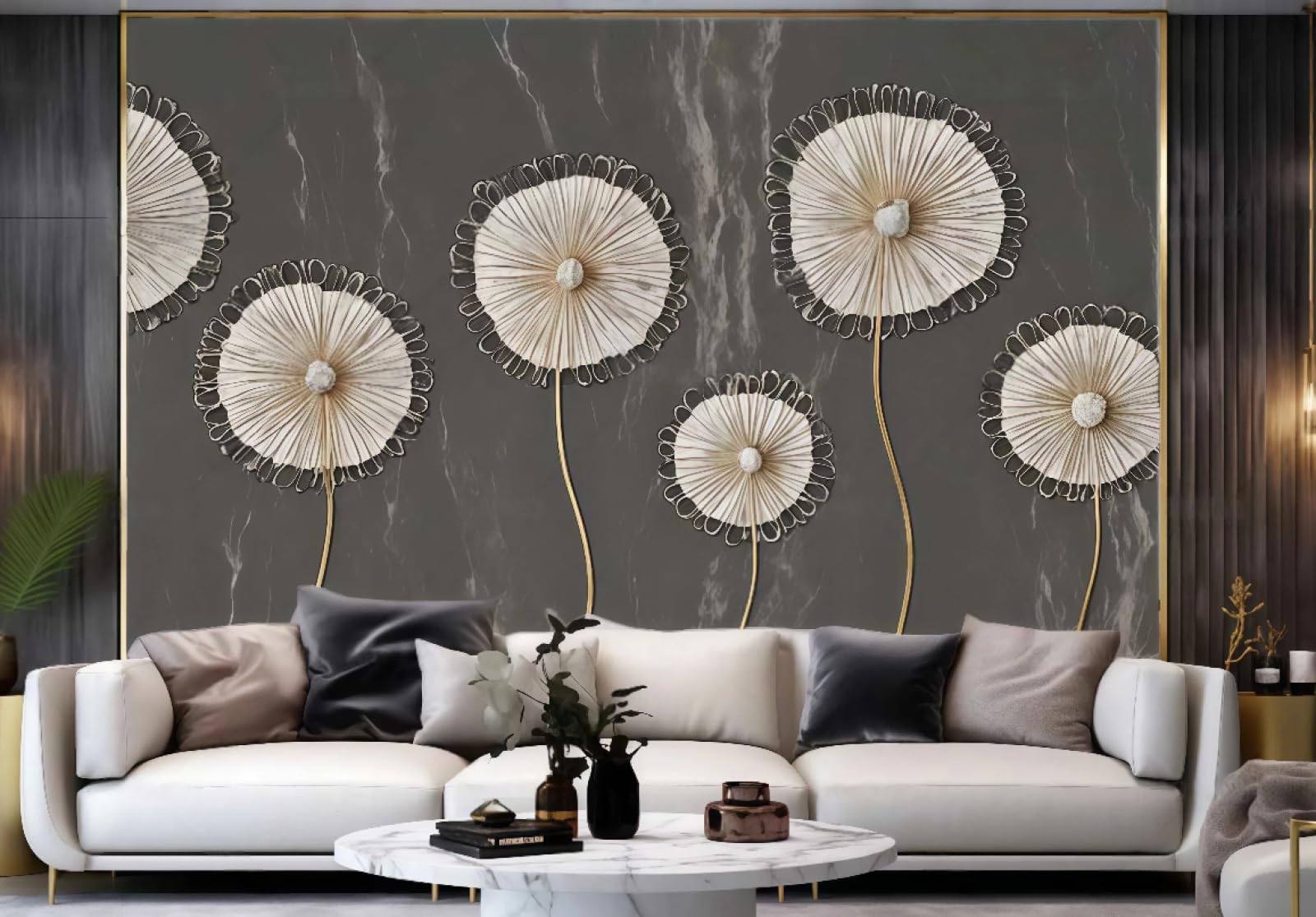 Tapeta nowoczesna moda biały szydełkowany kwiat sztuka ciemnoszary marmurowy wzór TV sofa tło ściana sypialnia salon gabinet mural, 3D, 430 x 300 cm