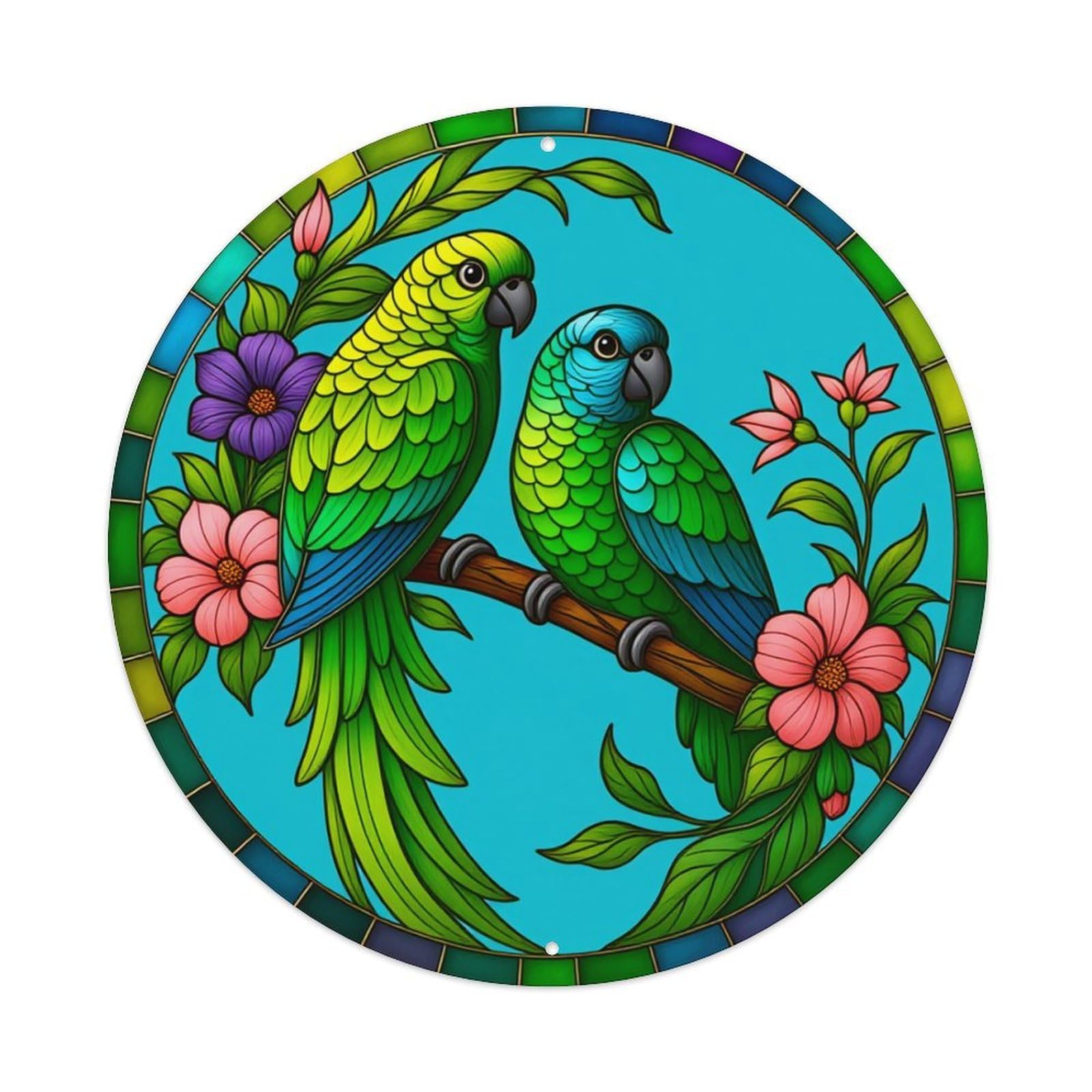 Colorful Parrots Floral Circle Pattern Round Tin Sign Retro Metal Sign for Cafe Bar Pub Home Game Room Gym Club Wall Decoration Vintage Metal Poster 8x8 Inch