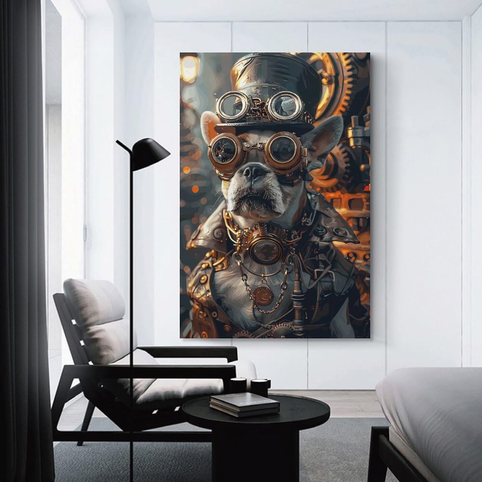 Junmoney Steampunk French Bulldog Canvas Wall Picture, 24x36inch(60x90cm), for Picture Wall Styling in Lounge Or Bedroom, An Easy Match for Collected Prints
