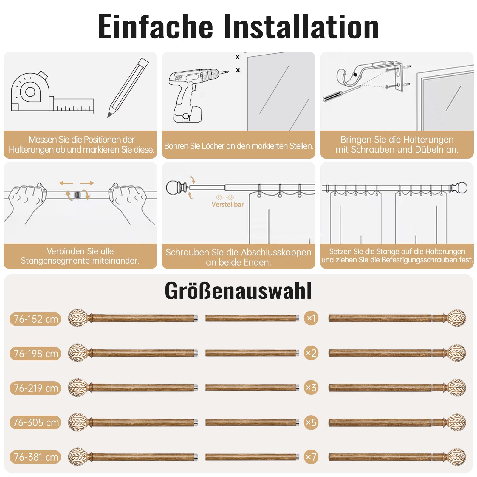 Barra de Cortina Extensible 76-219 cm | Tubo de Metal Ø 25 mm con Acabado en Madera y Motivo de Hoja | Montaje en Pared o Techo | Para Salón y Dormitorio, Marrón Café