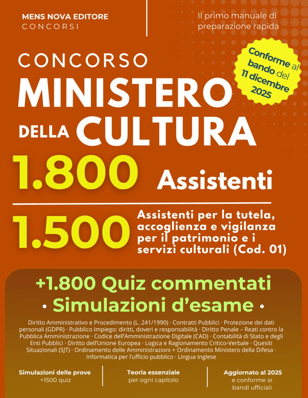 Concorso Ministero della Cultura (MiC) 1800 Posti — Profilo 1500 Assistenti Tutela, Accoglienza e Vigilanza (Cod. 01): Quiz Commentati per la Prova Scritta e Simulazioni d’esame