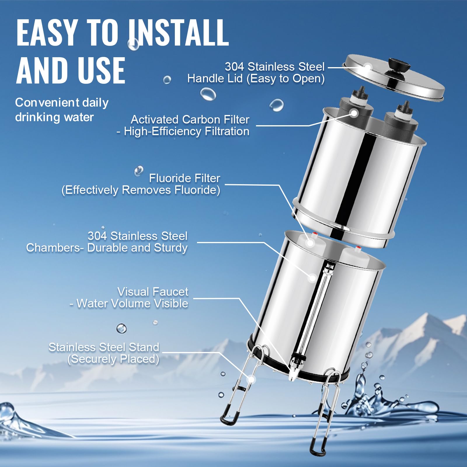 VEVOR Sistema de Filtración de Agua por Gravedad 7,5 L Sistema de Encimera Acero Inoxidable Reduce Plomo y hasta 99% de Cloro con 2 Filtros de Carbón Activado, 2 Filtros de Desfluoración, Grifo