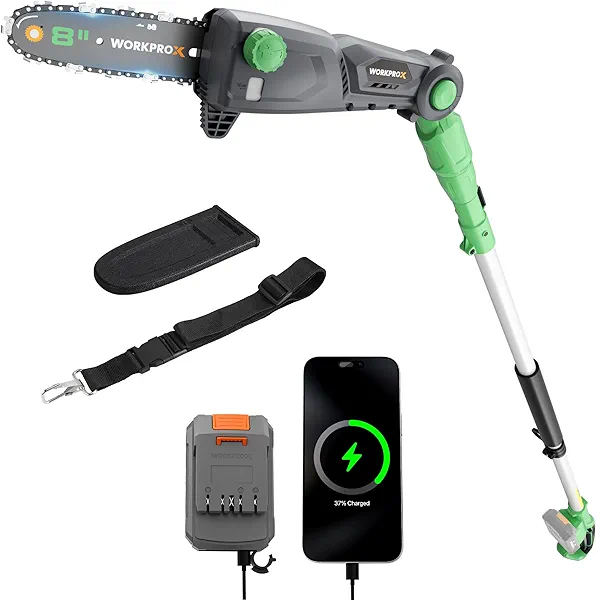 WORKPROX Cordless Pole Saw with Battery, 20V 4.0Ah Battery Powered 8 Inch Electric Pole Chainsaw, 4000mAh Power Bank with Quick Charge 3.0, Lightweight, 9.2 FT Max Reach Pole Saw for Tree Tr