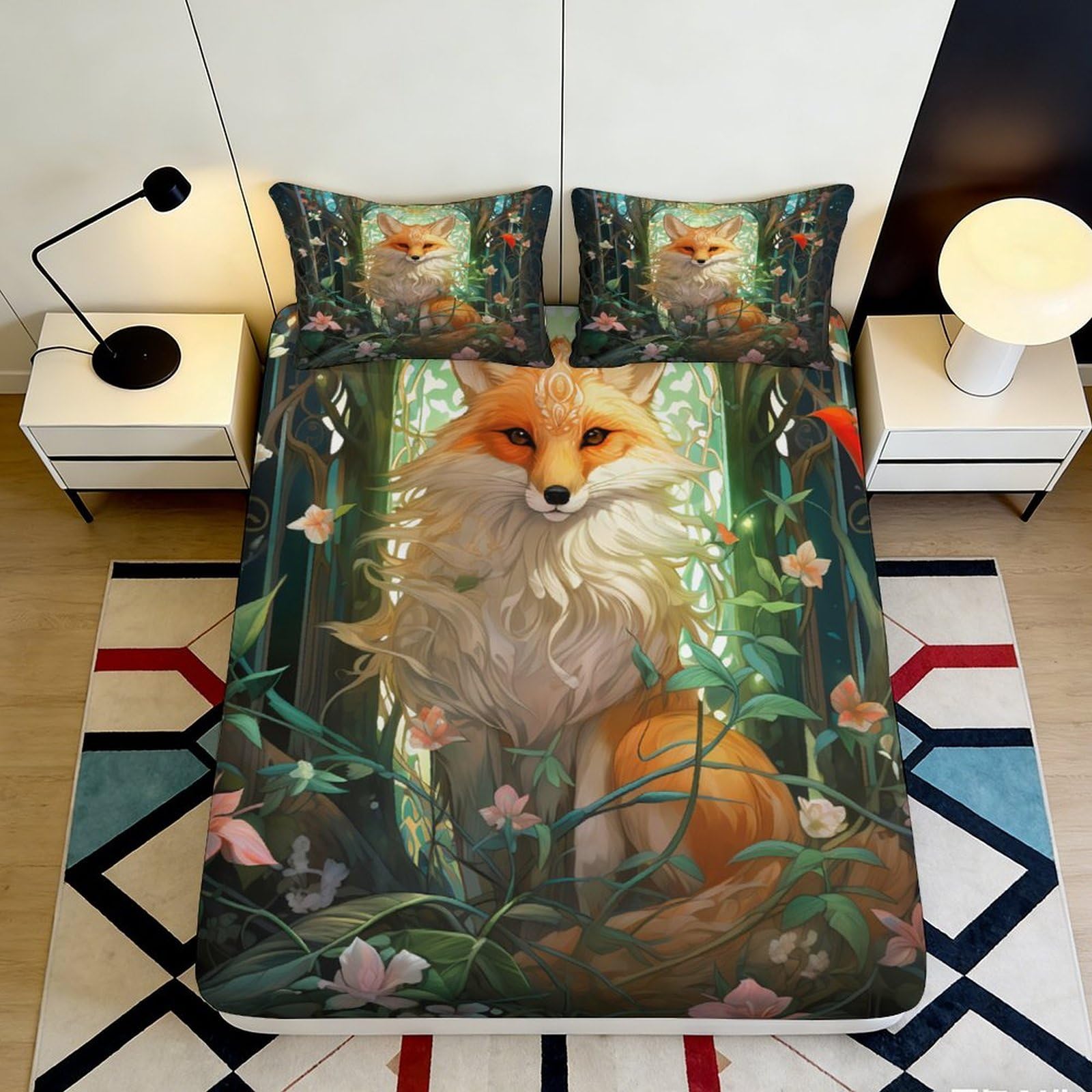 3D Printed Forest Fox Fitted Sheet Microfiber Soft Breathable Woodland Animal Mattress Cover Bedroom Decor 90x200x25cm