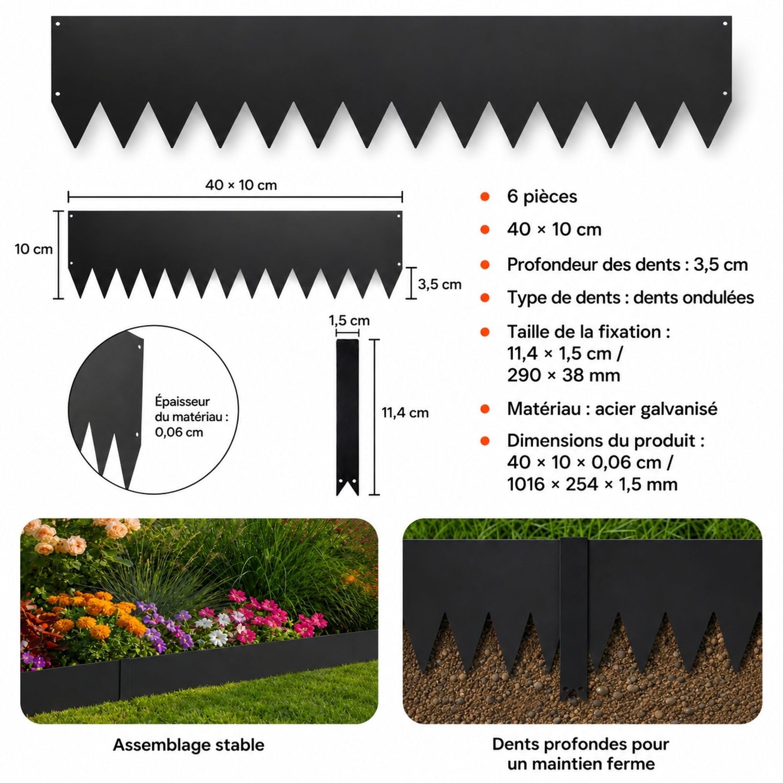 Bordure de Jardin en métal, Lot de 6, Acier galvanisé Noir, avec 8 Clips de Fixation, pour pelouse, massifs de Fleurs et allées