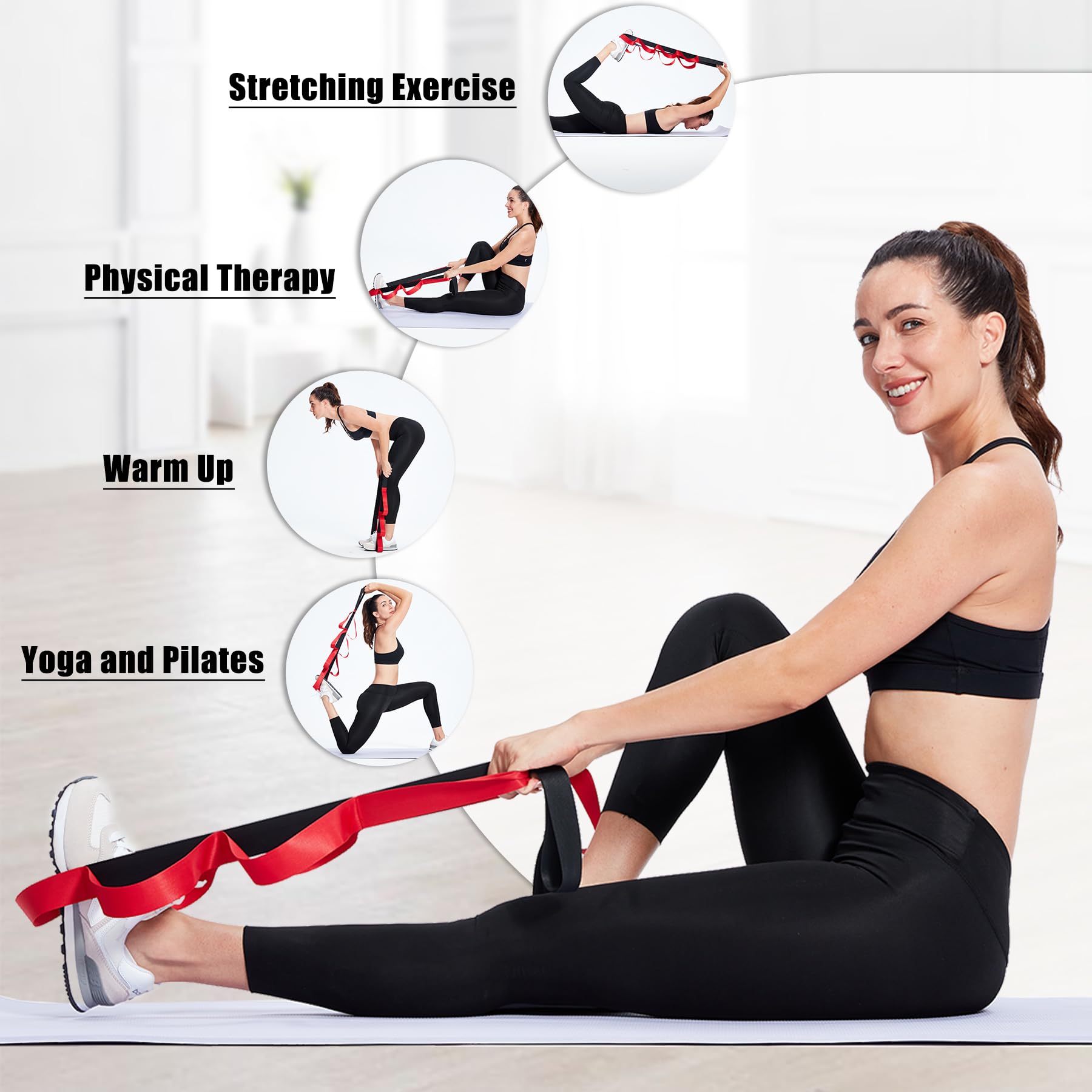 Stretching Strap with Loops, Leg Stretch Bands for Exercise, Yoga Strap for Physical Therapy, Fascia Stretcher Belt (Red)