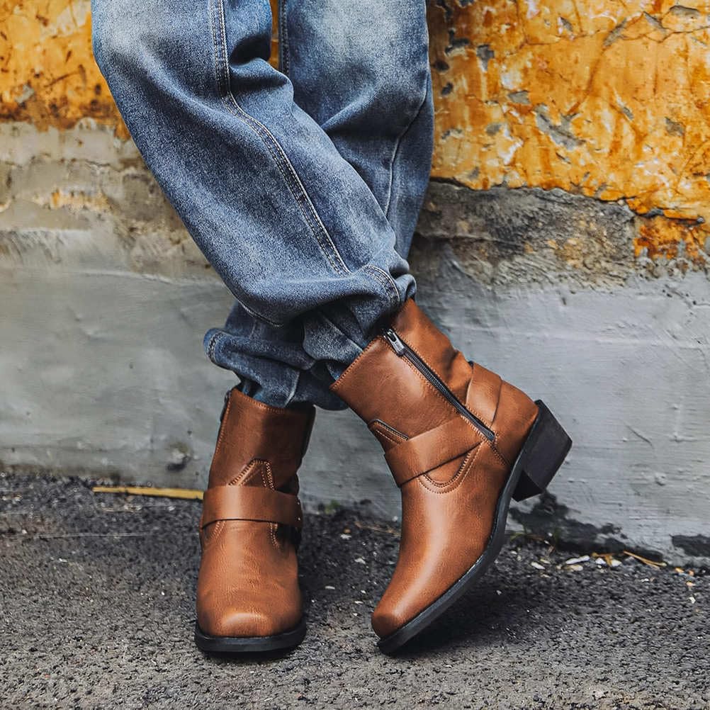 Herren Cowboystiefel Mit Reißverschluss An Der Seite Westernstiefel Square Toe Land Arbeit Motorradstiefel