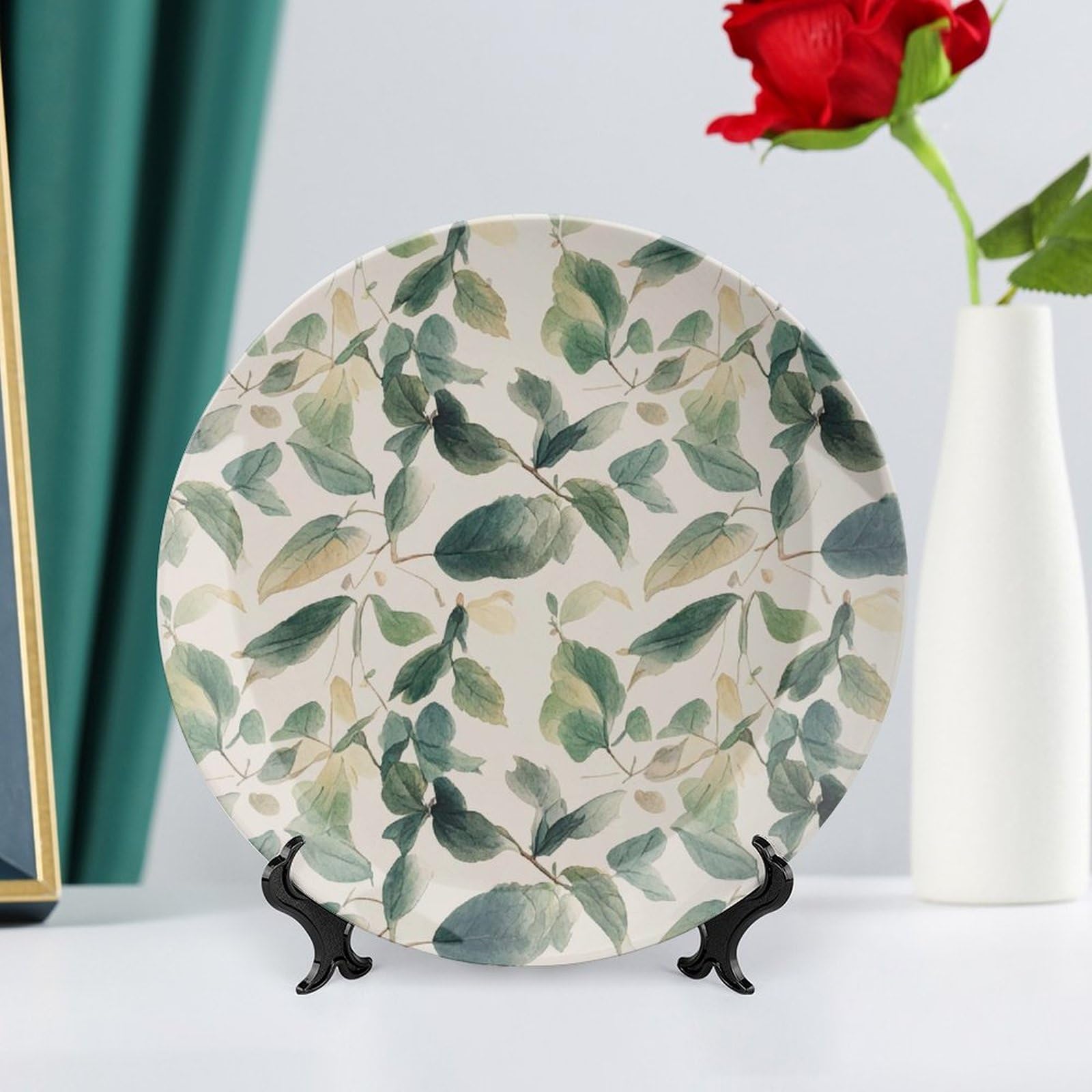 Sage Green Eucalyptus Decorative Bone China Plate – 10 Inch Wall Art With Stand, Personalized Ceramic Display Plate