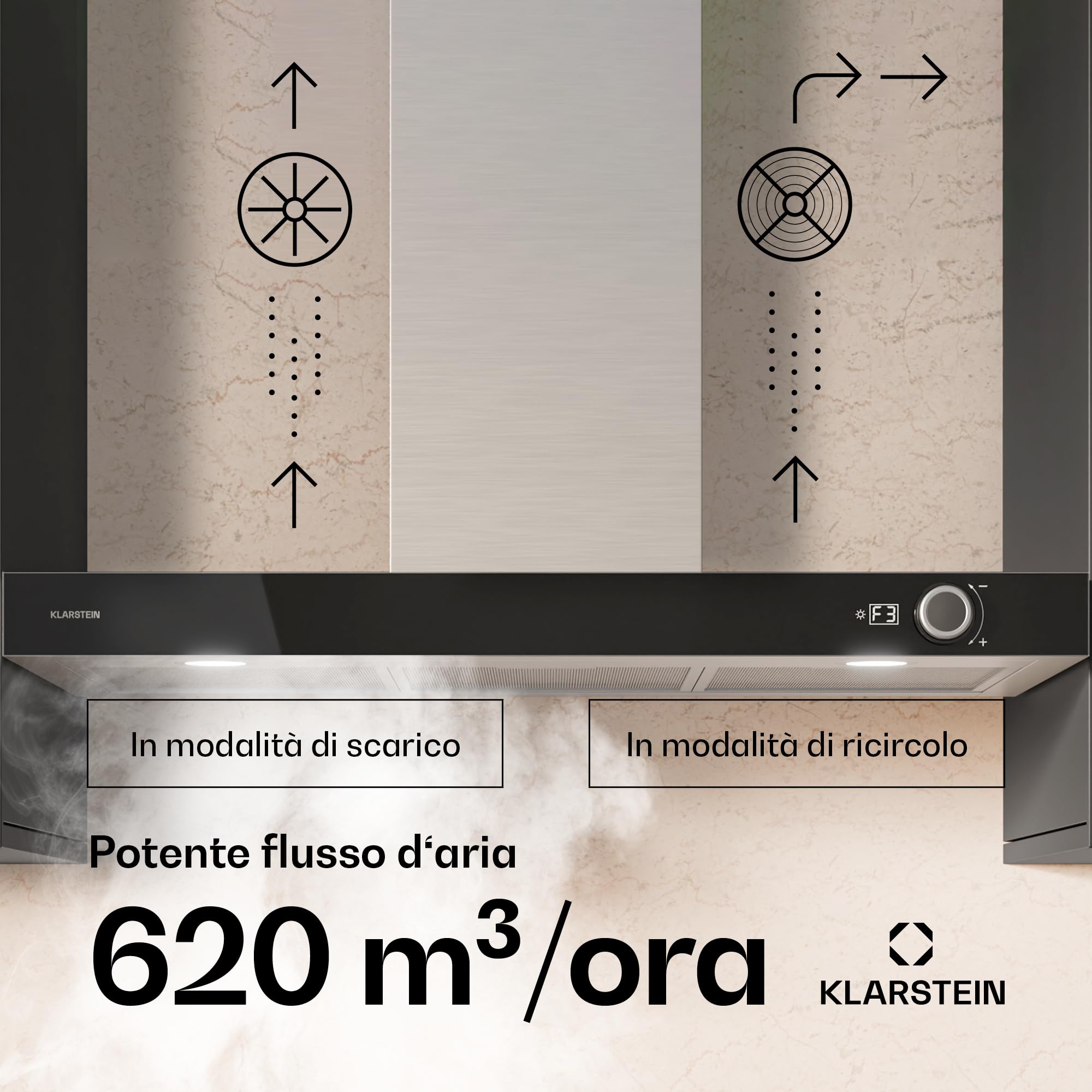 Klarstein AirNova - Cappa da Cucina da 90cm, Cappa Aspirante a Parete, 620 m³/ora, Efficienza Energetica A++, LED: 6500K, Silenziosa: 49 dB, Acciaio Inox, Ricircolo & Scarico