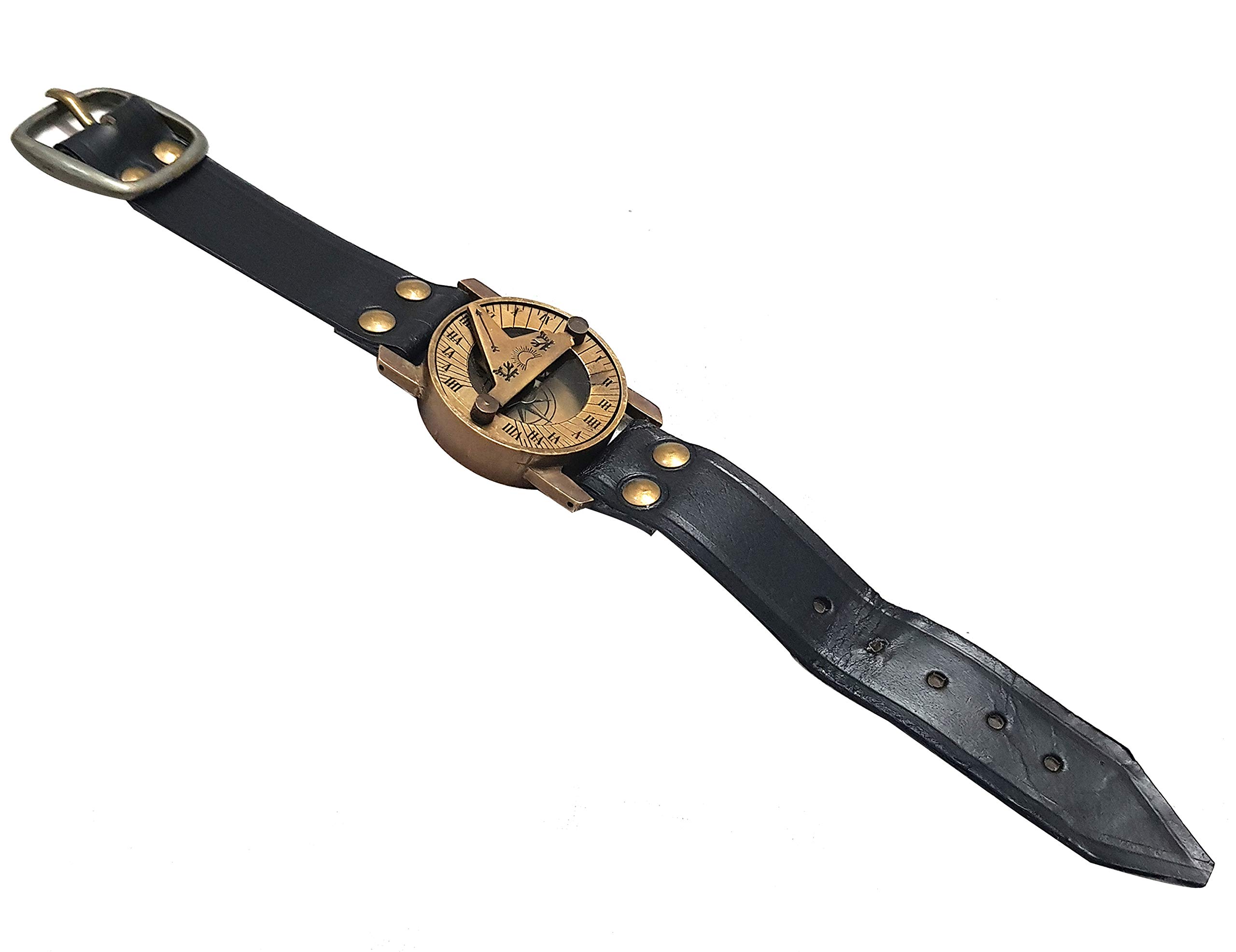 Maritim Steampunk Sonnenuhr Messing Kompass Armbanduhr Antik Navigation Lederarmband Schwarz