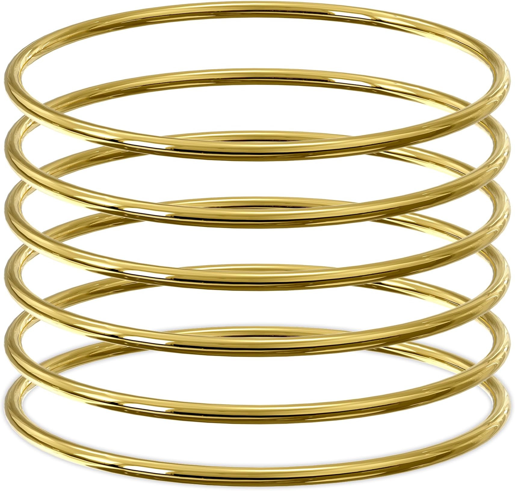Plus Size Bangle Bracelets Set for Women, Set of 6 Stainless Steel Extra Large Round Golden Bangles Fashion Accessories, 8.6 Inches (L)