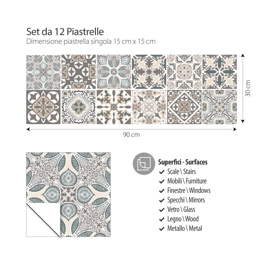 RE-COVERTILES - Adesivi per Piastrelle Bagno e Cucina 12 Pz 15x15 cm - PS00025 Decorazione murale in PVC impermeabile mattonelle mosaico stile cementine Azulejos