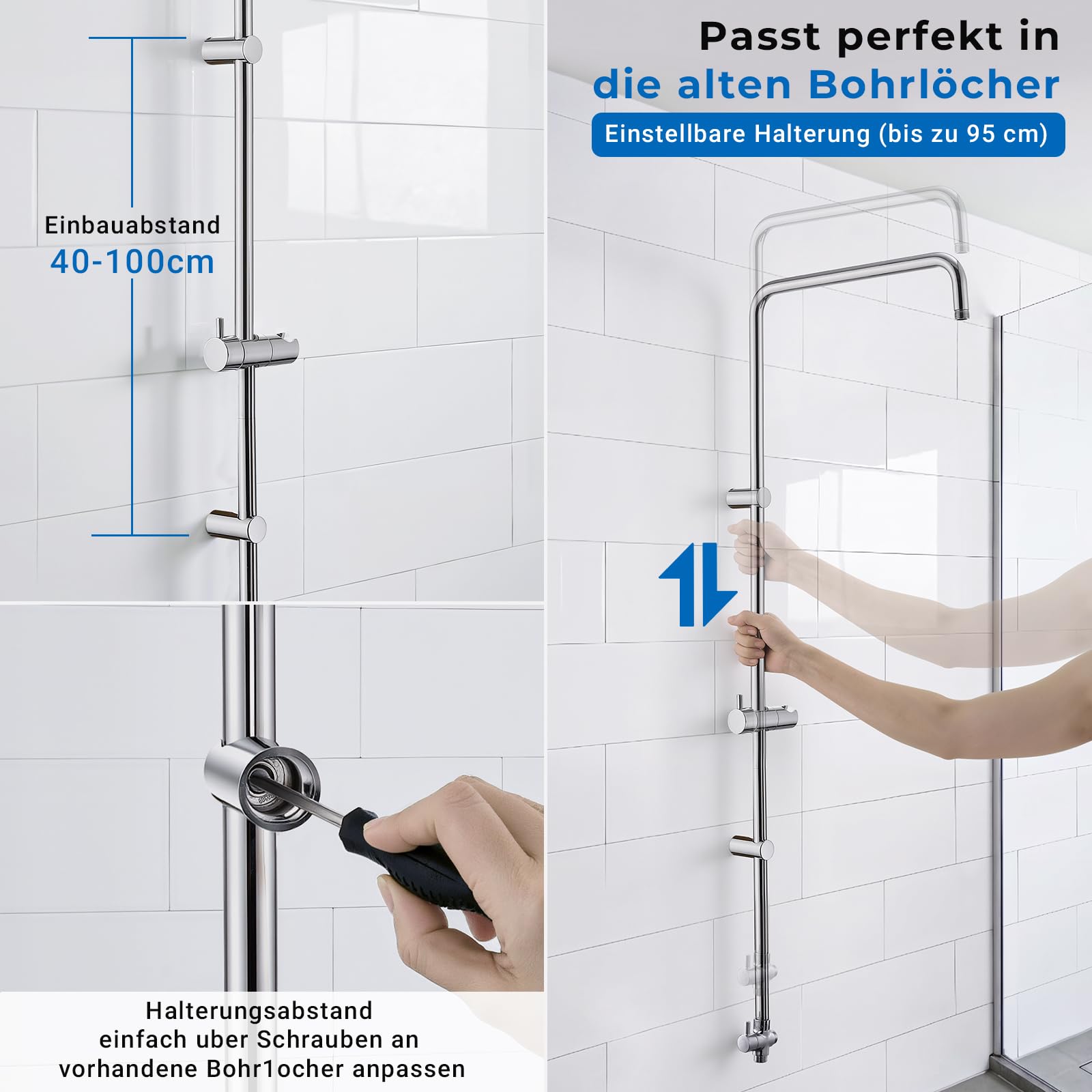 Ganzmetall-Duschsystem mit 35 cm Regendusche | 2-Strahl-Handbrause mit Power-Strahl, an vorhandene Bohrlöcher anpassbar, korrosionsbeständig, ohne Armatur, Chrom