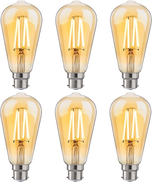 FLSNT LED Edison Bulb, ST64 Vintage Filament Light Bulbs 7W(60W Equivalent), B22 Bayonet, Dimmable, Warm White 2700K, Amber Glass, 6 Pack
