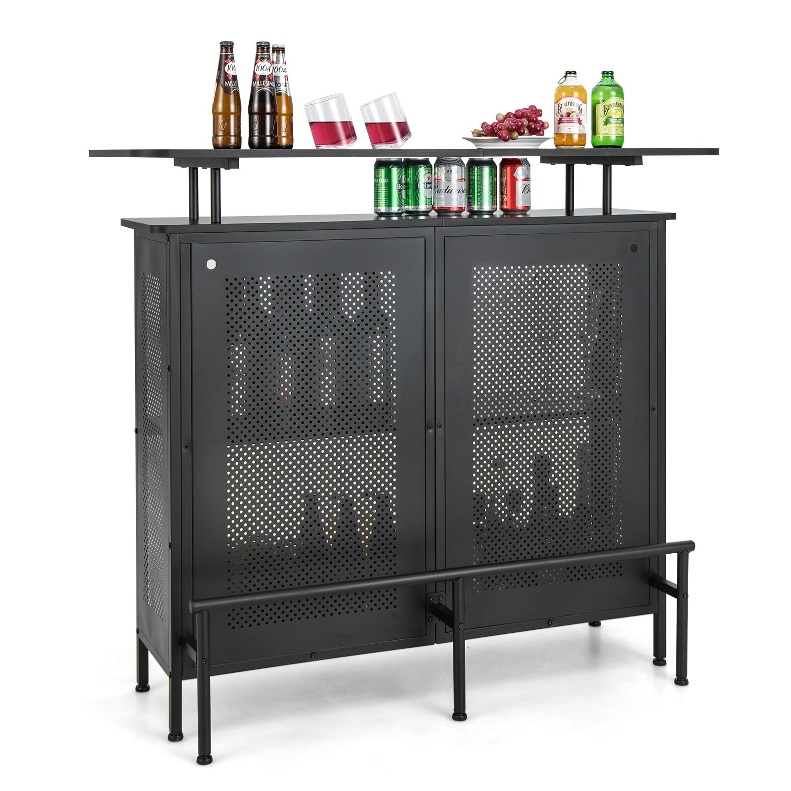 KOMFOTTEU Tavolo da bar con 1 ripiano rialzato e 6 portabicchieri, tavolo da vino a 4 livelli, tavolo da cucina con poggiapiedi in stile industriale, nero, 120 x 50 x 106,5 cm