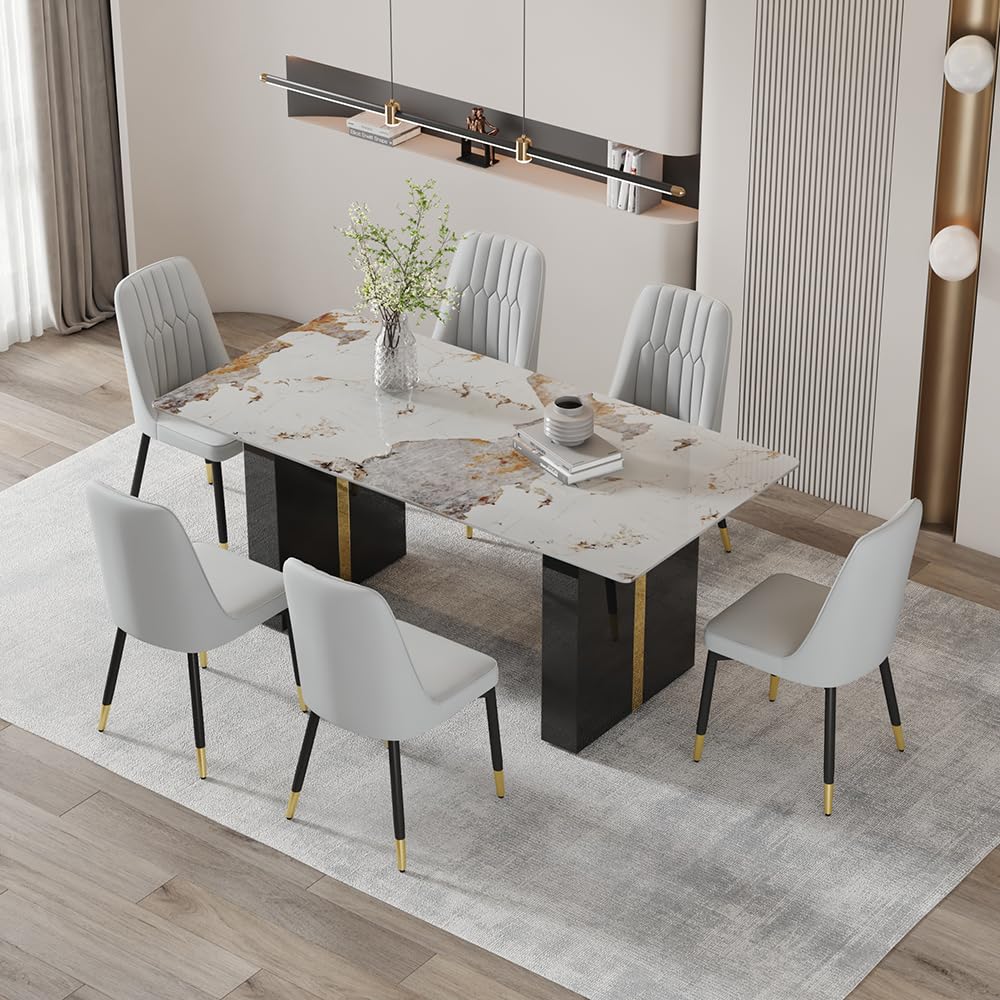 MUUOKY 7 Piece Dining Table Set，71" Morden Faux Marble Dining Room Table Set for 6,Kitchen Table Chairs Set of 6 for Kitchen, Dining, Bar, Living Room