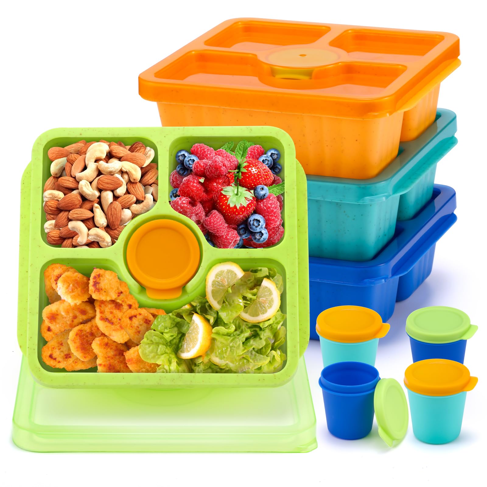 QQKO Bento Snack Boxes for Adults & Kids, Lunchable Meal Prep Containers - 4 Pack Divided Food Storage with Lids, Stackable Lunch Boxes with Sauce Cups, Jewel