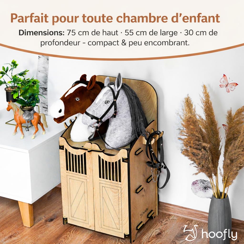 Hobby Horse Écurie – Accessoire Pratique avec Portes, Rangement & Crochets/Box en Bois Robuste pour 2 Chevaux bâtons/Support Stable pour Hobby Horse