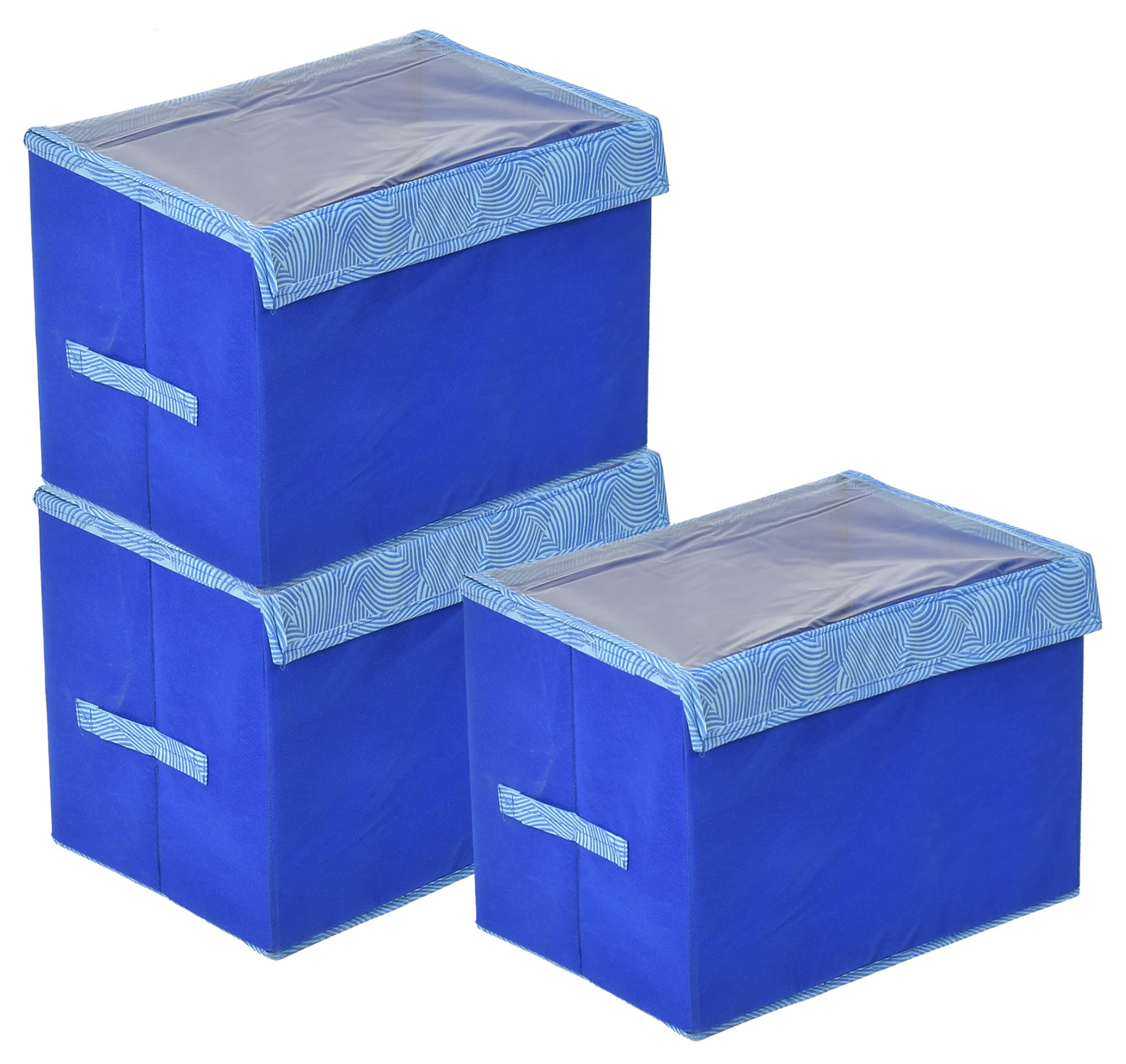 Fun HomesFun Homes Lehariya Printed Multiuses Medium Non-Woven Storage Box/Organizer With Tranasparent Lid- Pack of 3 (Blue) -44FH0459