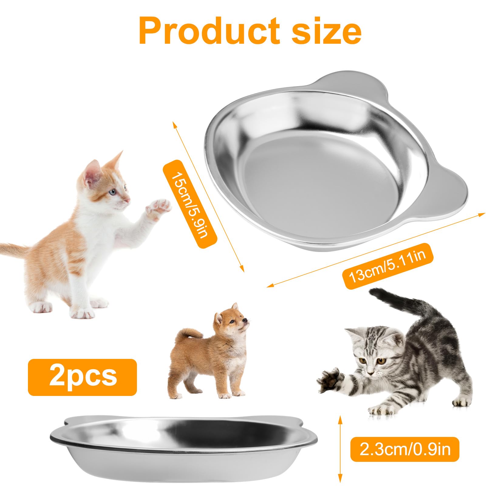 2 Pz Ciotole per Gatti in Acciaio Inox, Ciotole Piatte per Gatti, Ciotola per Bere Antiscivolo, Ciotola per Cibo per Gattis, cibo umido e secco per gattis