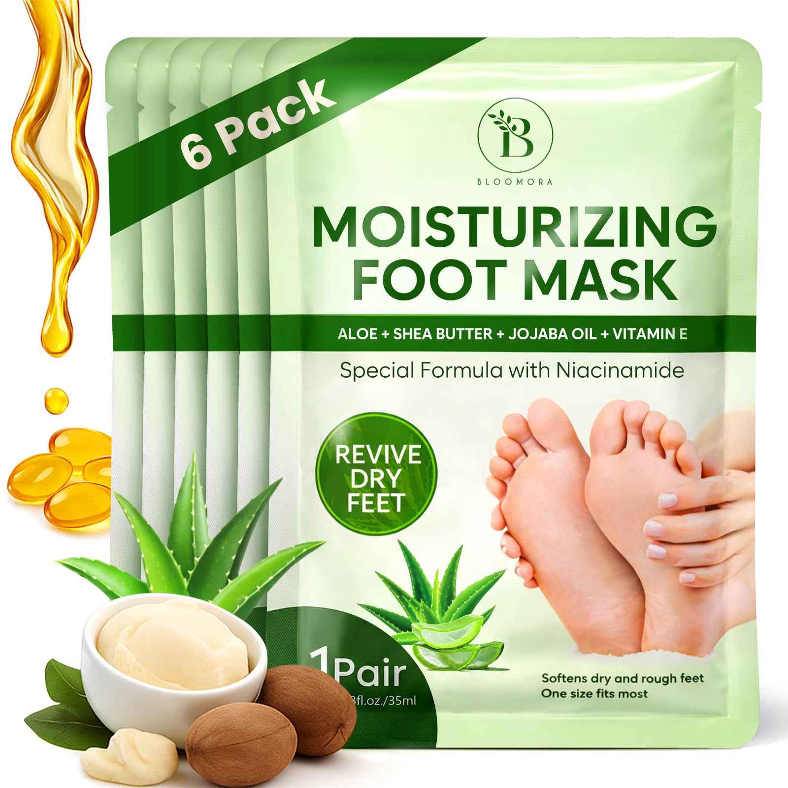 6er Pack Weichmachende Fußmaske Socken, Feuchtigkeitsspendende Anti-Hornhaut Socken mit Aloe, Sheabutter, Jojobaöl & Vitamin E, Fußmaske für weiche & trockene Füße