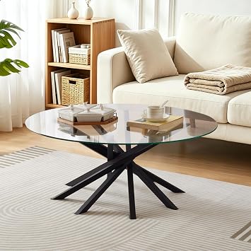 Round Glass Coffee Table-Mid Century Modern Solid Wood Coffee Table | Unique Glass Top&Solid Wood Mortise Interlocking Starburst Legs Design for Living Room,Office,Hotel Lobby