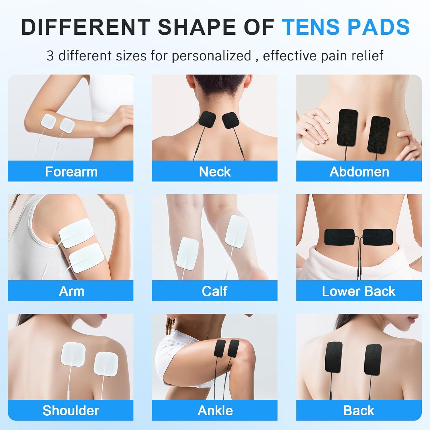 TENS Unit Reusable Electrode Pads for EMS Muscle Stimulator Massager, Self-Adhesive Latex-Free TENS Pads with Upgraded Self-Stick Performance for Electrotherapy, 10 Pairs 3 Sizes 2.0mm Pin