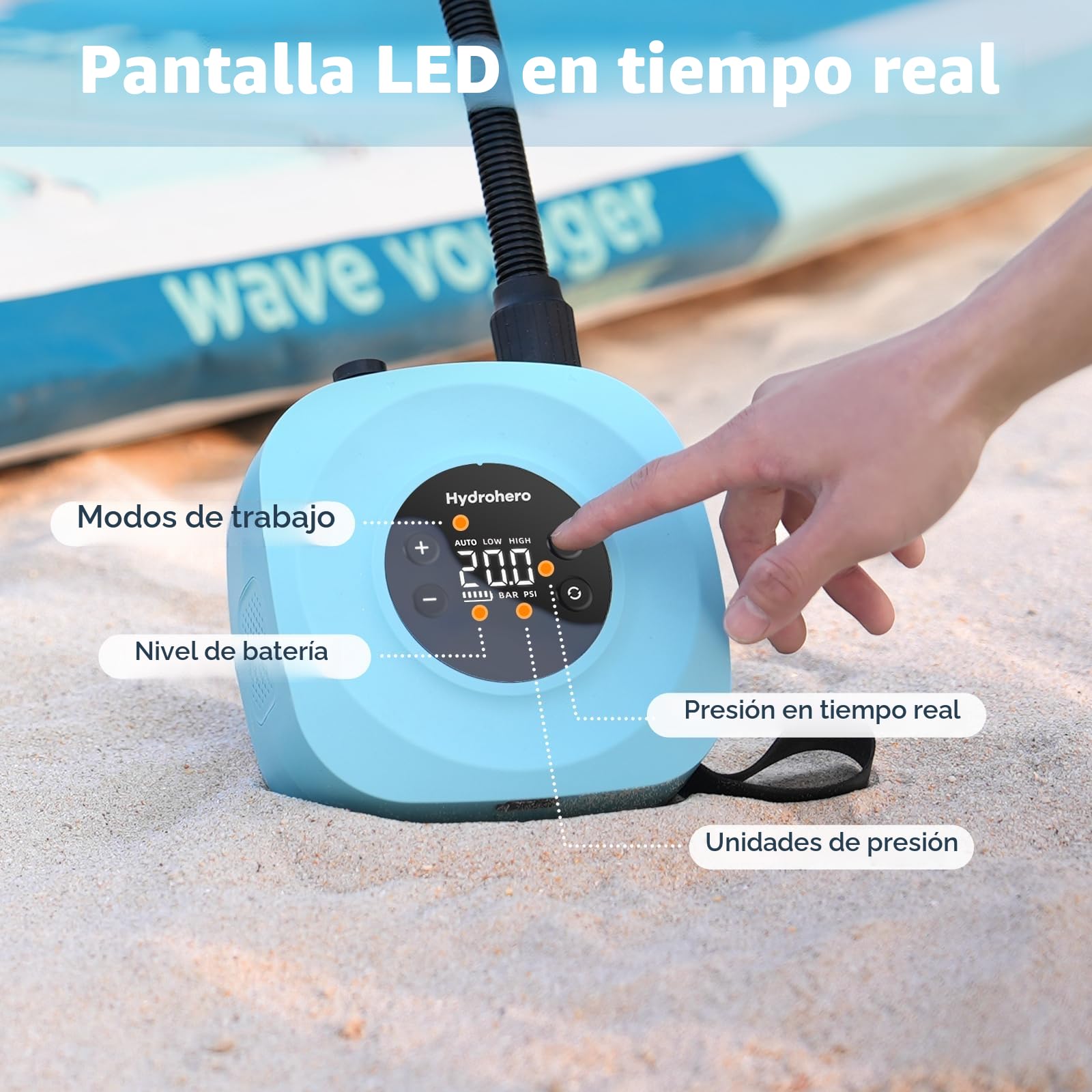 Hydrohero Bomba Eléctrica para Paddle Board, Sup Recargable 20 PSI, Inflado/Desinflado Inteligente a Doble Etapa, Apagado Automático para Tablas de Paddle, Cometa de Surf, Tienda, Barco