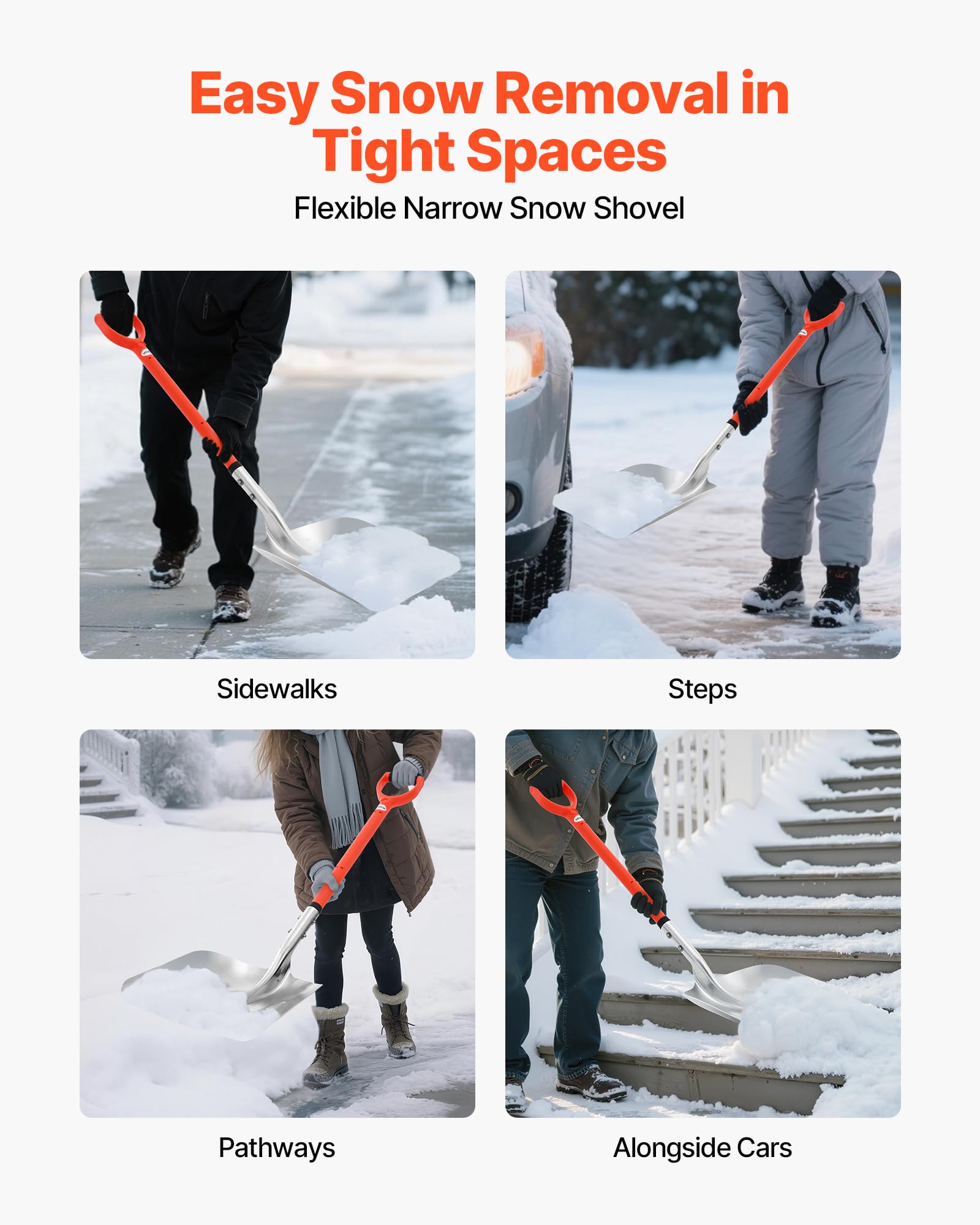 VEVOR Pala de Nieve de Aleación de Aluminio, Pala Quitanieves Ancho de 35 cm, Mango de Fibra de Vidrio con Empuñadura en D, Portátil y Ligera, para Quitar Nieve de Jardín, Coche, Entrada de Vehículos
