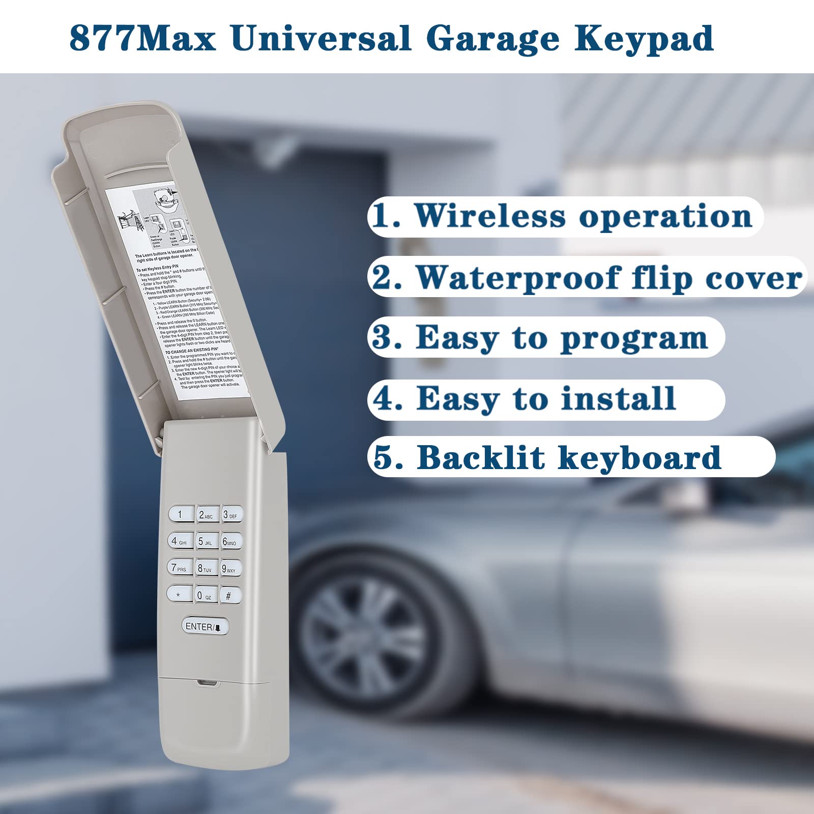 877Max Garage Door Keypad with 893max Universal Garage Door Opener Remote, Compatible with All Lift Master Garage Door Opener Remote Since 1993, Replaces 878MAX 376LM 377LM 977LM