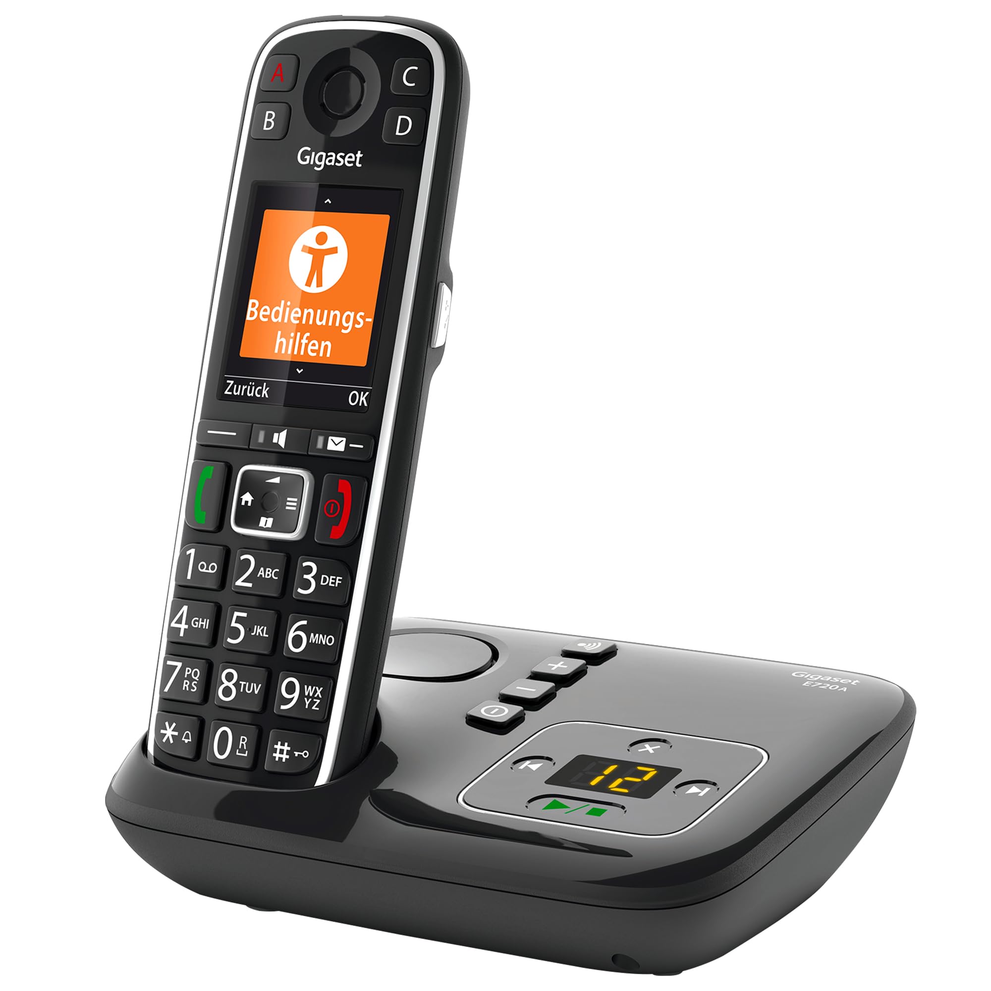 Gigaset E720A - Schnurloses Premium Senioren DECT-Telefon mit Anrufbeantworter - sprechende Wähltasten - Nummernansage & Namensansage - Anrufübertragung per Bluetooth, schwarz [Deu