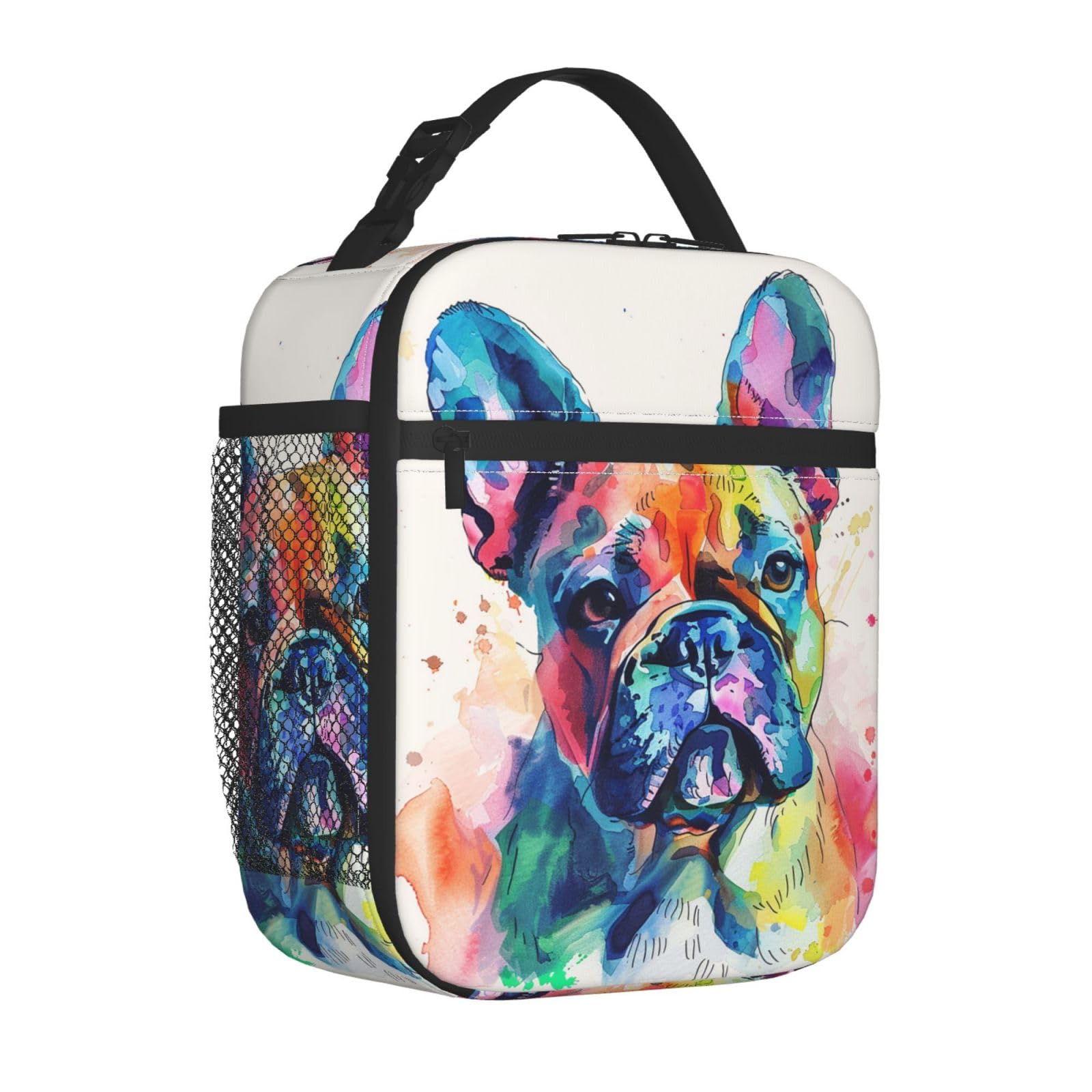 Mexpekil French Bulldog Watercolor Insulated Lunch Bag for Women Men Thermal Lunch Box Portable Picnic Cooler Bag with Side Mesh Pocket Adults Lunchbox for Work
