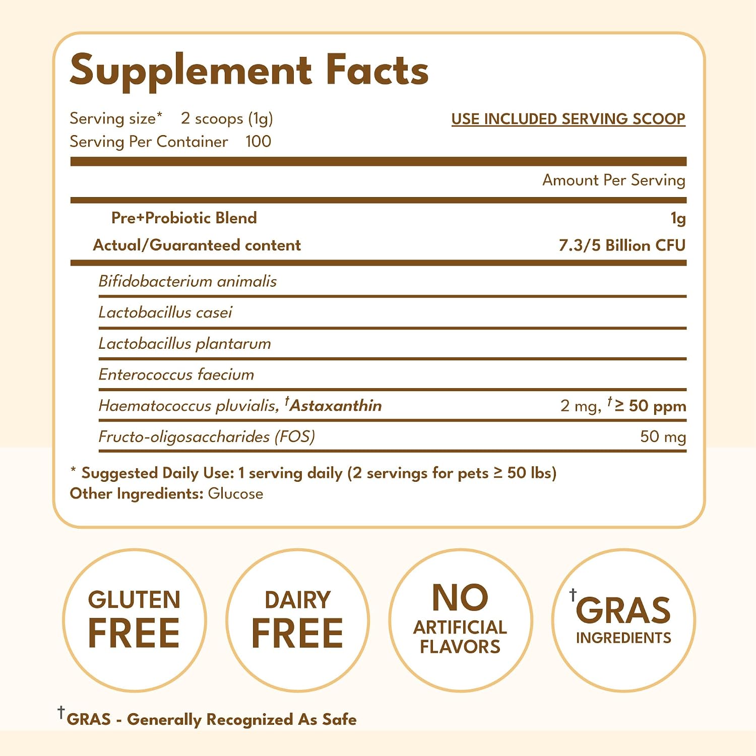 Prebiotics & Probiotics for Dogs & Cats Digestive Health Probiotics Supplement for Pets Skin & Coat, Stress, Allergies, Immune and Nutrient Absorption - Astaxanthin Rich Blend - 100 Servings