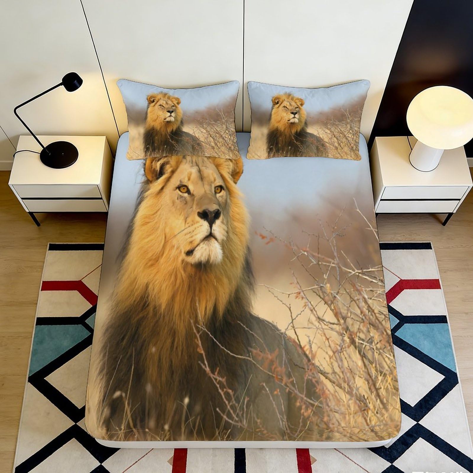 3D Printed Lion Animal Fitted Sheet Microfiber Soft Durable Wildlife Bed Cover for Bedroom Dormitory Guest Room Mattress Protection Decor 120x200x25cm