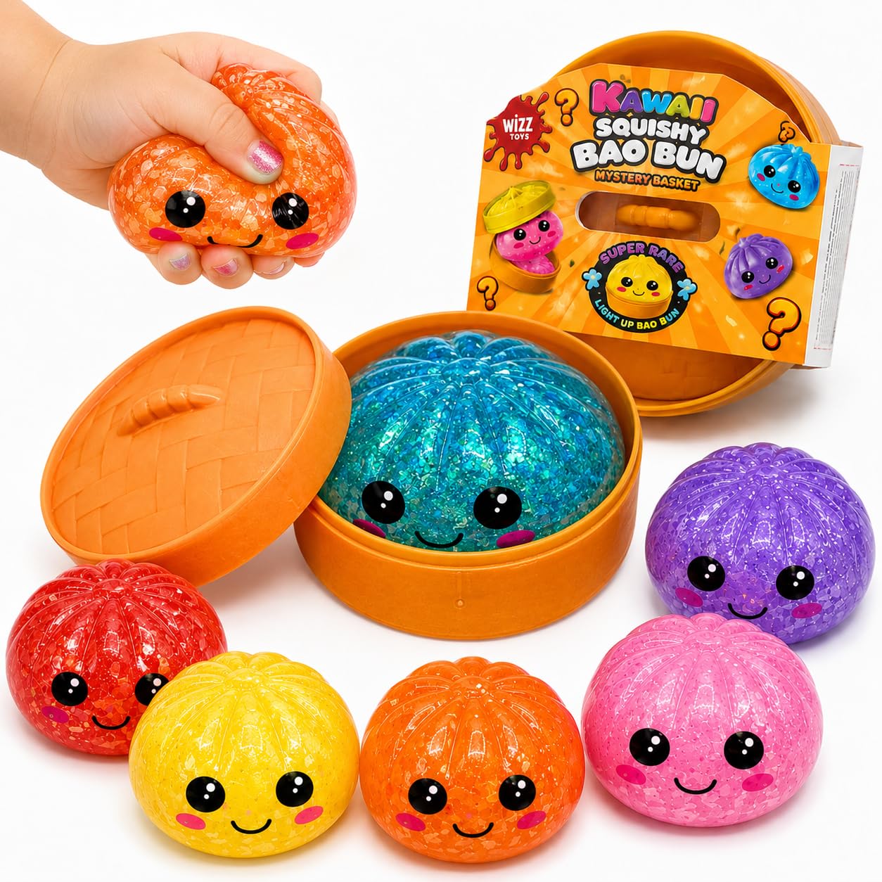 Mini Glitter Dumpling Toy 5cm - 6x Random Anti Stress Bao Bun with Plastic Steamer Box, Fidget Mystery Squeeze Toy, Reusable Basket, Super Rare Light-Up, Kids Party Bag Gift Age 3+