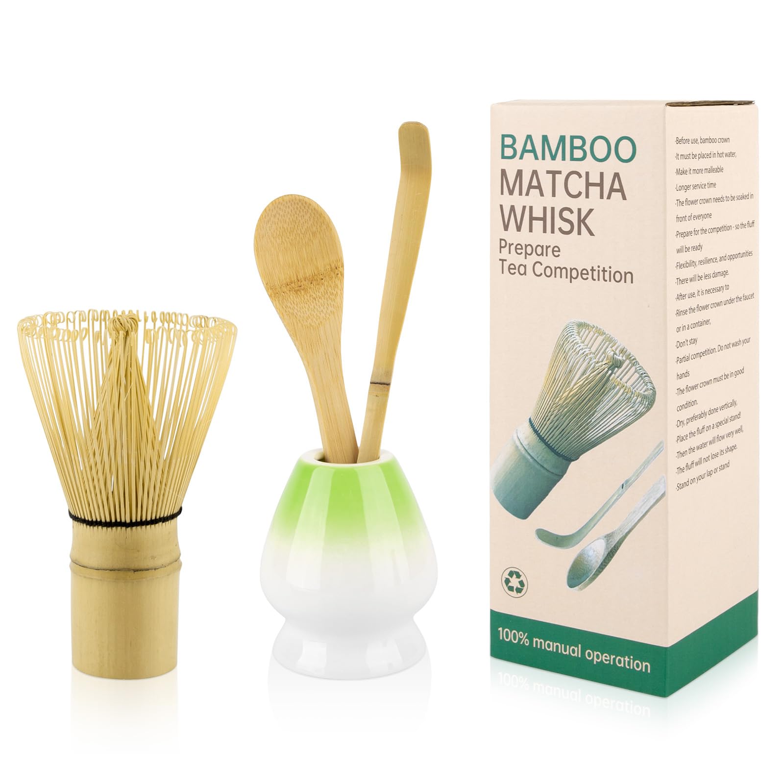 Service à thé matcha traditionnel en bambou fait main et céramique verte