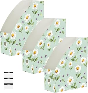 Joisal Patterned Daisies Green Leaves Magazine Holder, Craft Room | File Folder Organizer for Classroom, Wipe-clean Sheet, Open-top Storage, 9 x 11.8 x 3.9 In, Pack Of 3