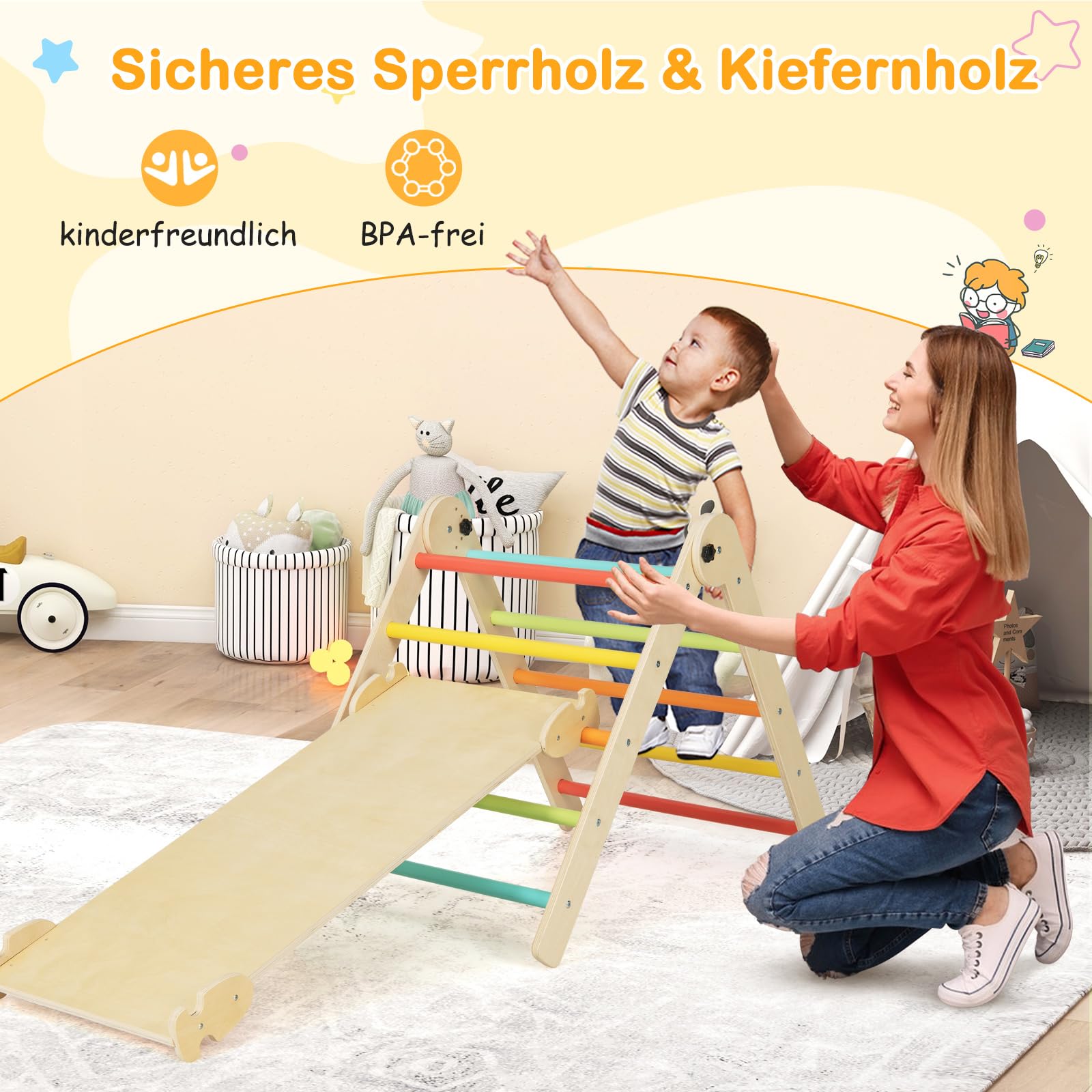 COSTWAY Kletterdreieck mit Rutsche, Sprossendreieck Holz klappbar & höhenverstellbar, inkl. doppelseitige Rampe, zum Klettern & Rutschen, Klettergerüst Indoor ab 1 Jahr (Bunt)