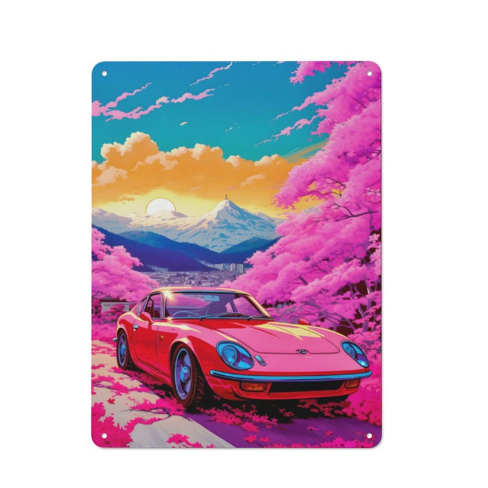 Junmoney Red Cars Pink Cherry Bloss Retro Metal Plaque 40X30cm Featuring For Home Bar Wall, For Room Styling Across Home Bars And Entertaining Spaces