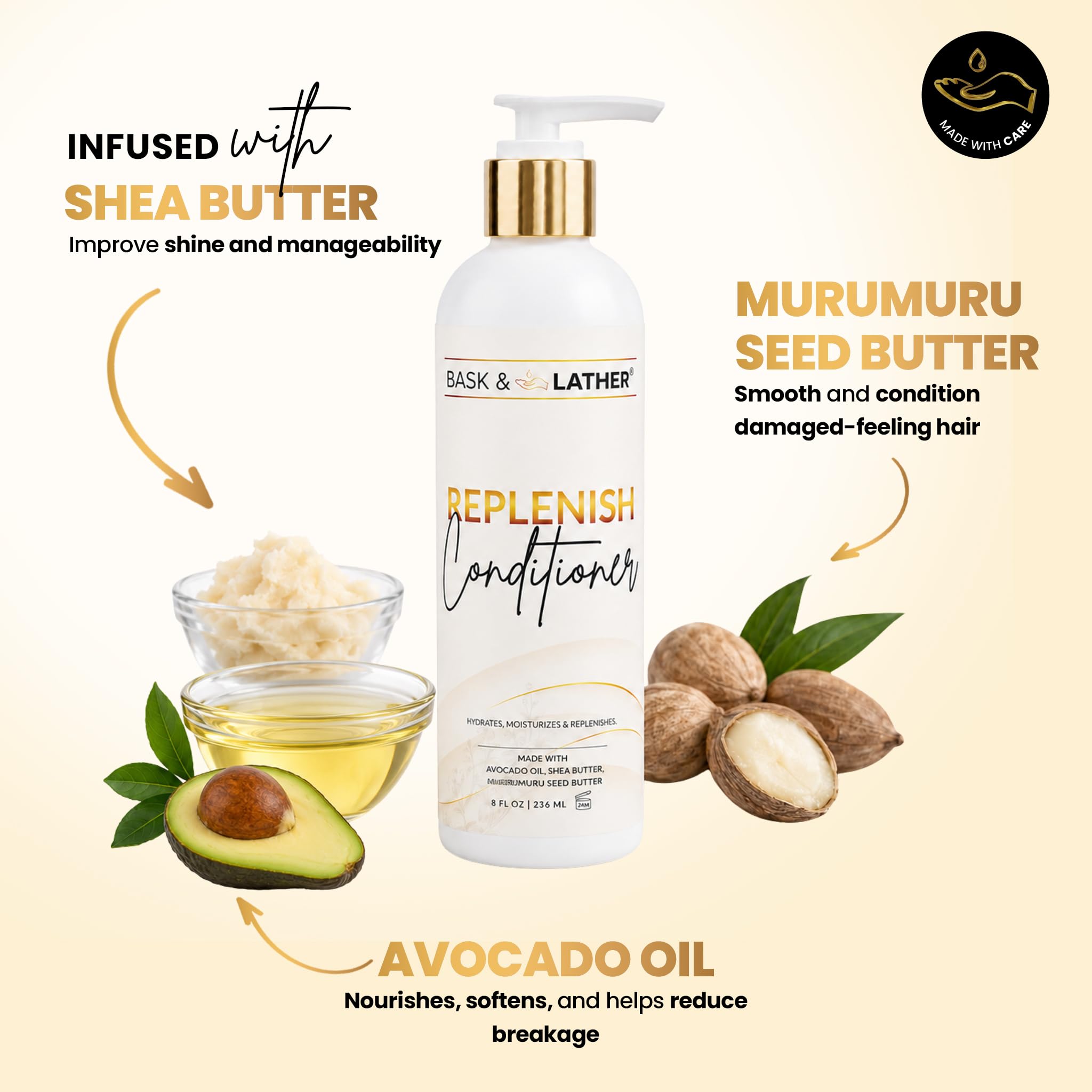 BASK & LATHER Condizionatore Reponitore – Idratazione Profonda, Formula Naturale Per Elasticità E Districazione, Senza Silicone, Senza Parabeni, Sicuro Per Capelli Tinti, 237 ML (8 Oz)