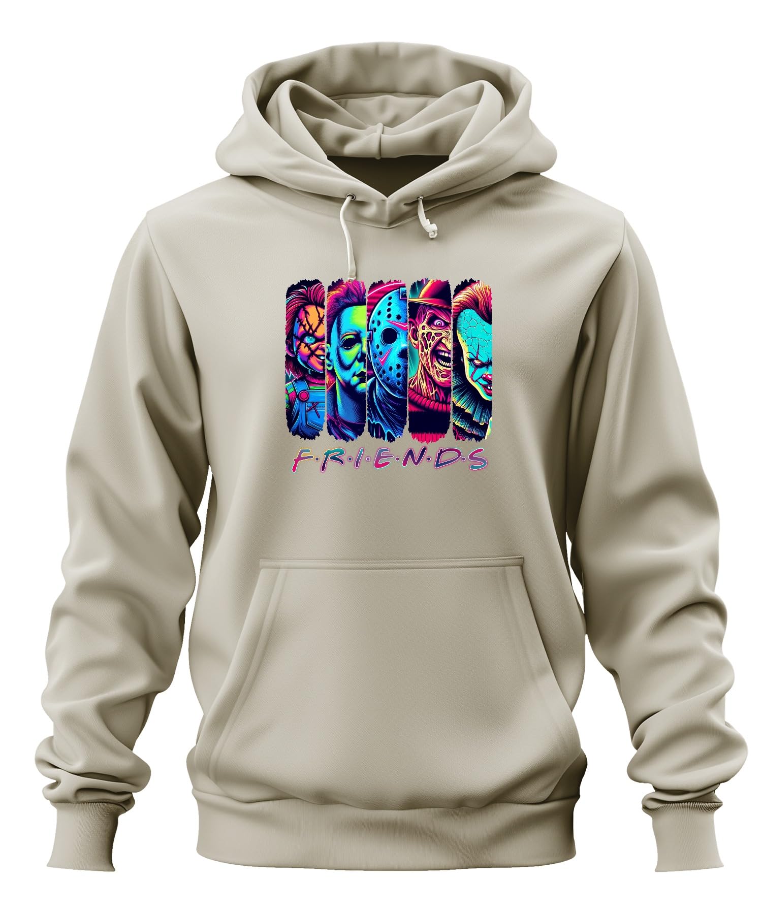 Printera Unisex Natural Horror Friends Neon Chucky Michael Myers Jason Freddy Pennywise Hoodie Hoodie, M