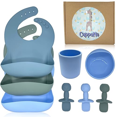 CuppaMe Juego de alimentación para bebés, cuencos de succión y silicona para bebés, cucharas de primera etapa, cuencos de bebé autoalimentados,