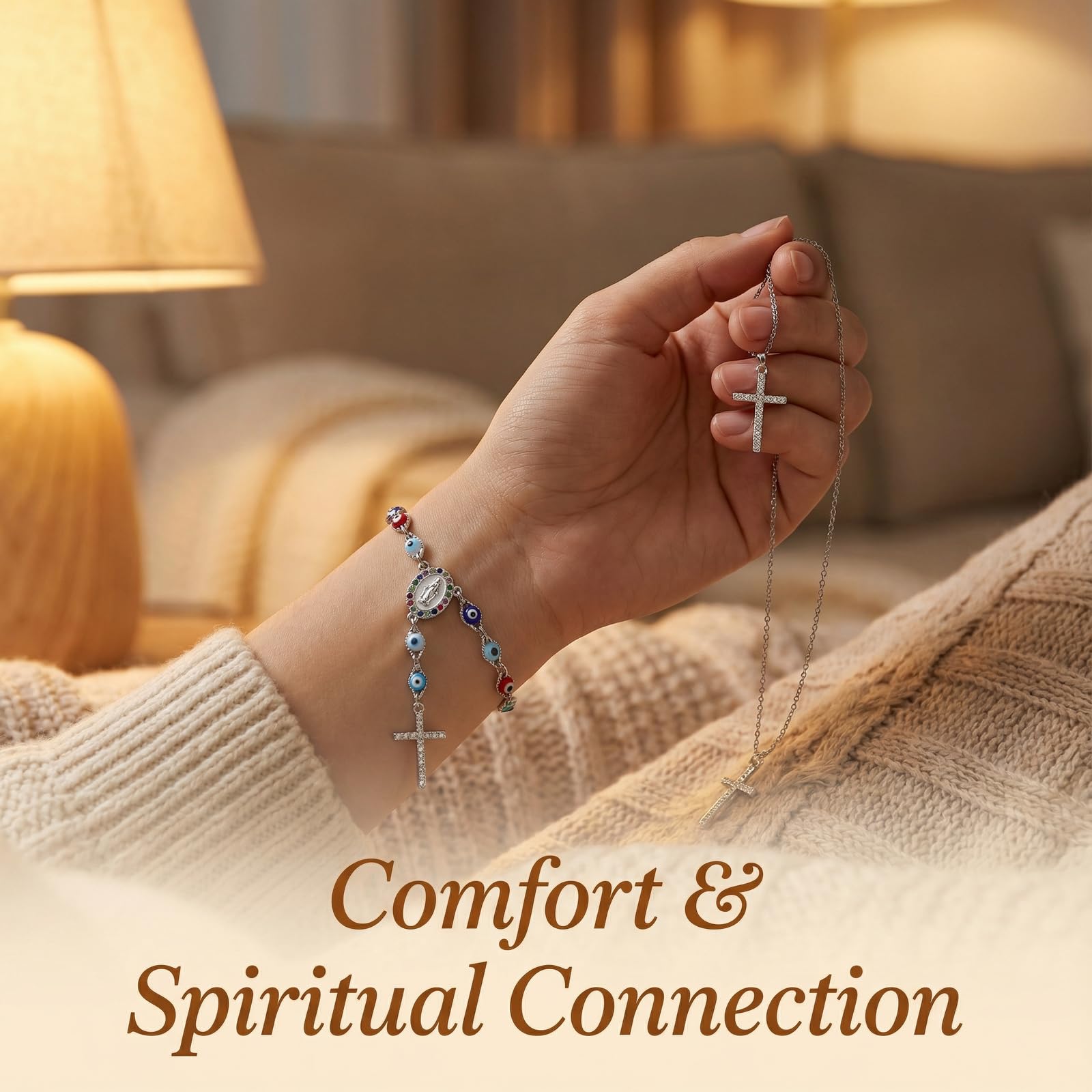 Car Rosary for Rearview Mirror Silver Evil Eye Rearview Mirror Auto Rosary Beads Car Medal and Cross Hanging — view 5