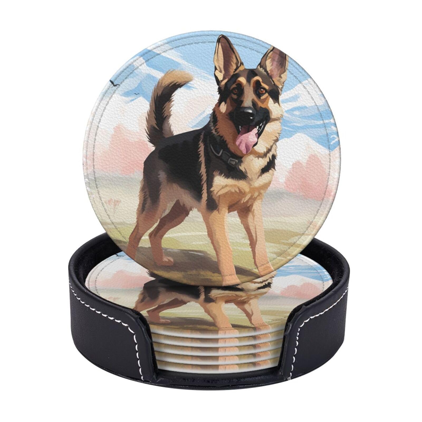 Round Coasters for Drinks Set of 6 - PU Leather Coasters with Holder - Modern Drink Coasters for Coffee Table - German Shepherd Dog Lovers Coaster for Tabletop Protection 4" Cup Mat Pad