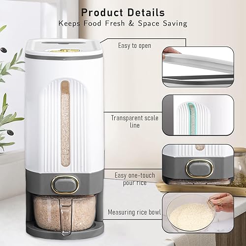 Miniatura 3 de Dispensador de arroz de 22 libras, recipientes de cereales sellados a prueba de humedad, dispensador de cereales con tapa con taza medidora y