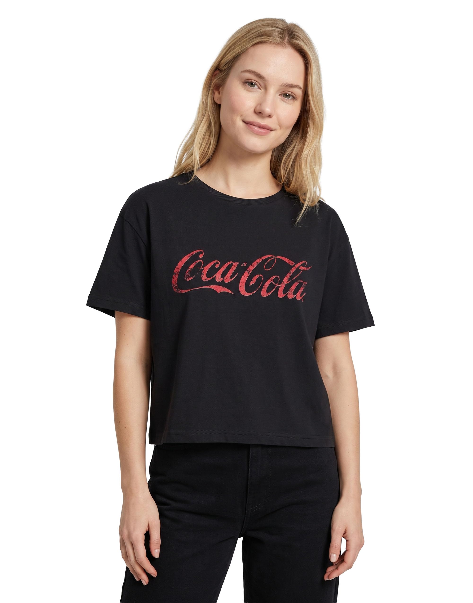 Coca Cola (Small) Cropped Short Sleeved T-Shirt (Womens Black)