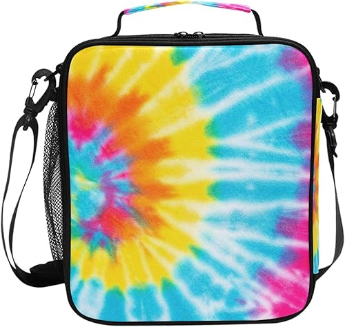 Lonchera con diseño de remolinos de teñido anudado arcoíris para niños, bolsa de almuerzo aislada, bolsa enfriadora iridiscente, correa de hombro