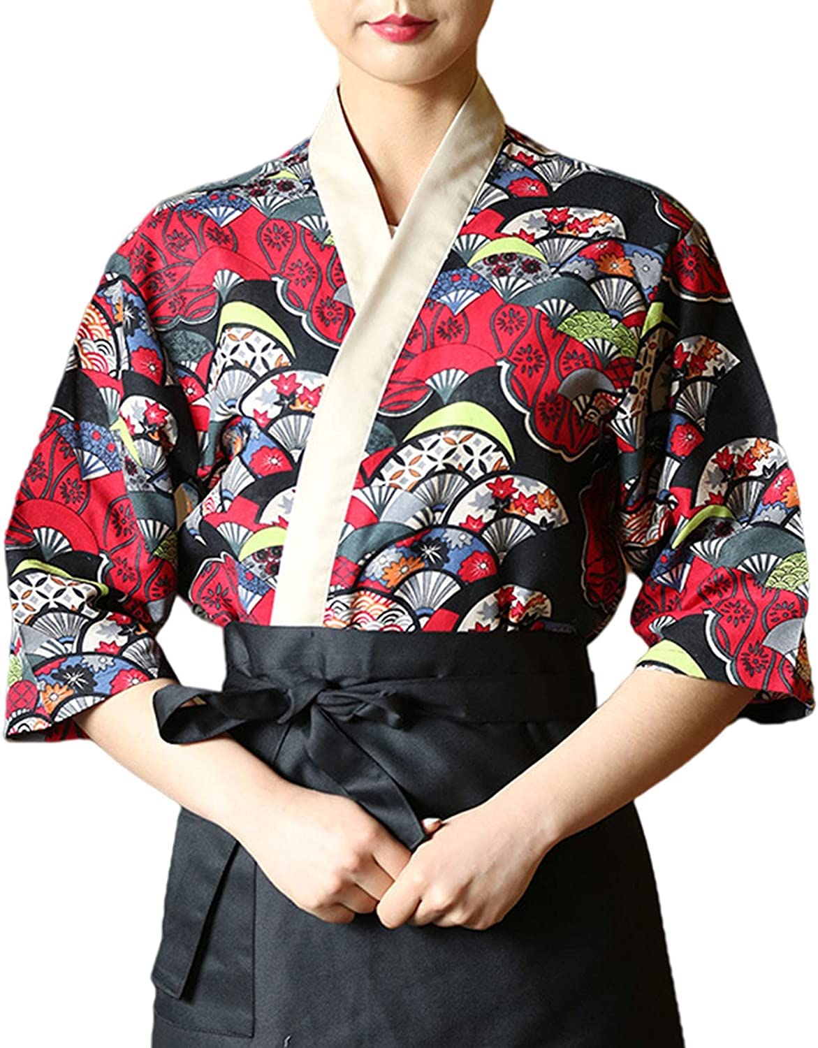 Uniformi alla Moda Cappotto da Cuoco Giacca da Cuoco Uniforme da Cucina Stampata Giapponese Cardigan Kimono con Logo Ricamato (Color : Tops C, Size : L)